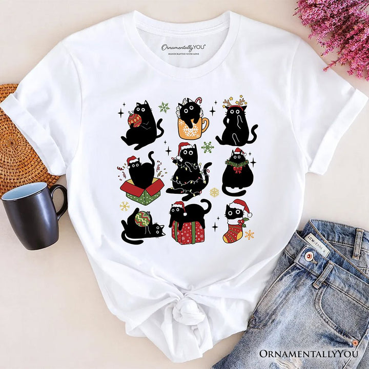 Christmas Black Cats T‑Shirt, Whimsical Cats with Santa Hat Tee T-Shirts OrnamentallyYou White XS