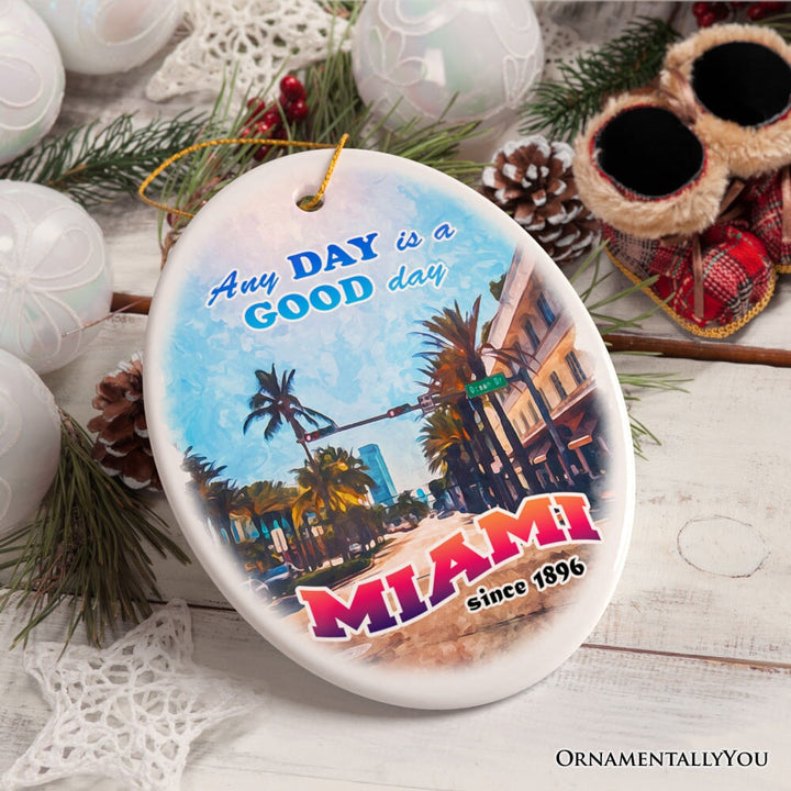 Classic Miami Living Stroll Through Paradise Ornament, Scenic Ocean Drive Artwork Souvenir Ceramic Ornament OrnamentallyYou