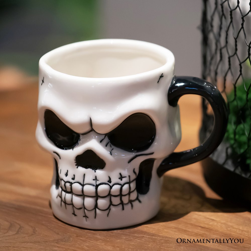 (Pre-Order) Classic Skeleton Face Spooky 4" Mug, Ceramic Halloween Gothic Kitchen Cup Decor Mugs OrnamentallyYou