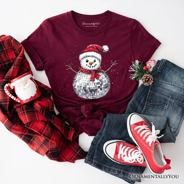 Disco Snowman Christmas T‑Shirt, Retro Holiday Tee for Dancers T-Shirts OrnamentallyYou Maroon XS