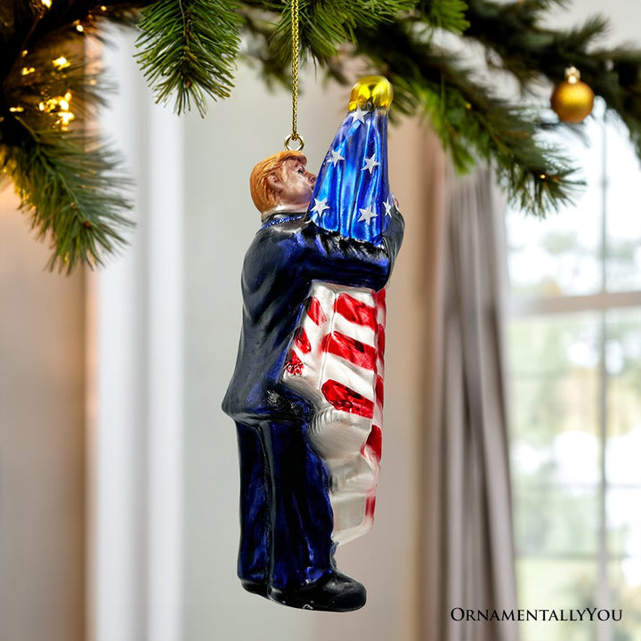 Donald Trump Kissing the American Flag Glass Christmas Ornament, United States President OrnamentallyYou