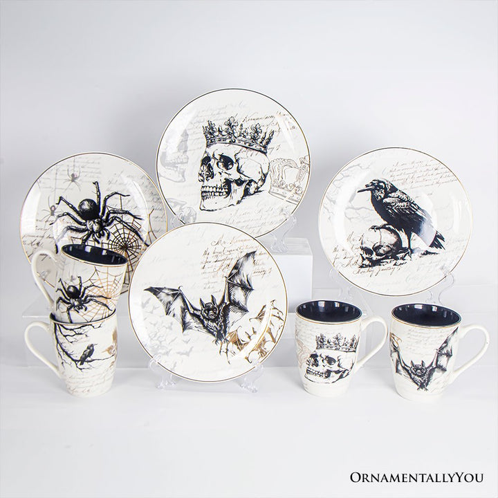 (Pre-Order) Elegant Goth Set of 4 Ceramic Mugs with Real Gold Trim, Black and White Spooky Halloween Coffee Cup Kitchen Gift Mug Sets OrnamentallyYou