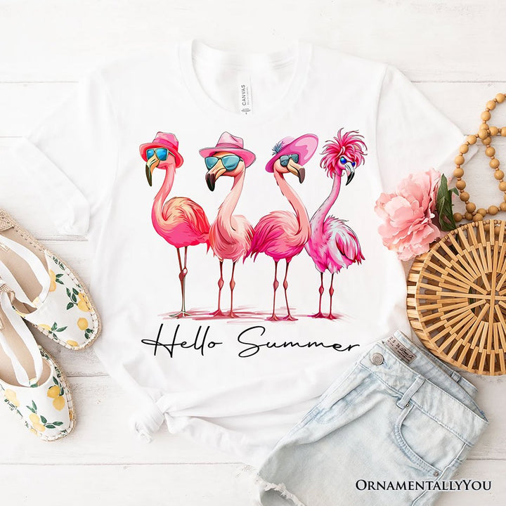 Flamingo Hello Summer T-Shirt, White and Natural Retro Tee with Tropical Birds T-Shirts OrnamentallyYou White XS
