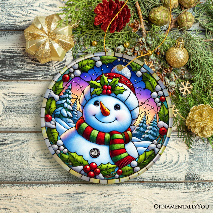 Frosty and Holly Snowman Ornament, Gift and Decor for Cheerful Winter Christmas Tree Ceramic Ornament OrnamentallyYou Circle Version 3