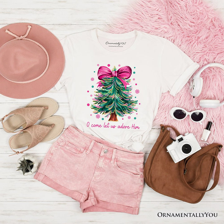 Glitter Christmas Tree Coquette Bow T‑Shirt, O Come Let Us Adore Him Holiday Tee T-Shirts OrnamentallyYou White XS