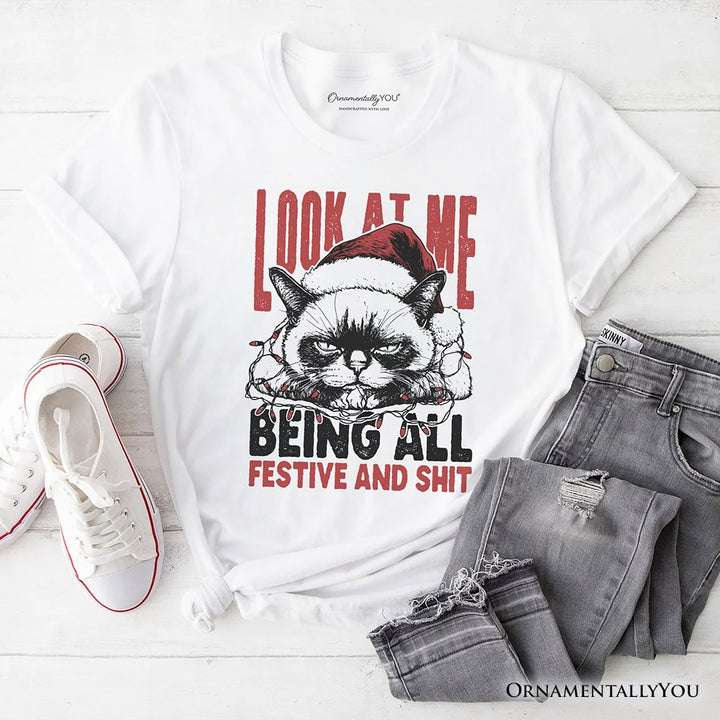 Grumpy Christmas Cat T‑Shirt, Funny Santa Hat Holiday Lights Tee for Sarcastic Festive People T-Shirts OrnamentallyYou White XS