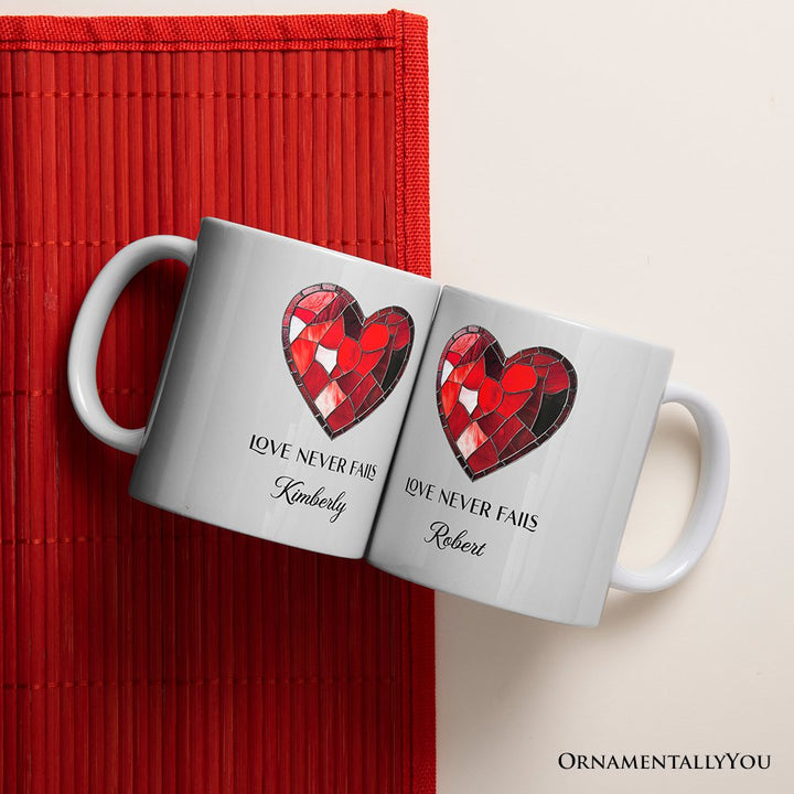 Heart Stained Glass Personalized Mug, Love Never Fails Custom Names Gift Personalized Ceramic Mug OrnamentallyYou