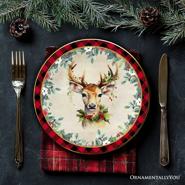 (Pre-Order) Holiday Cheer Set of 4 Plates with Real Gold Plaid Trim, Christmas Tableware Collection for Salad, Dessert, Appetizer, and Side Plates Plate Sets OrnamentallyYou