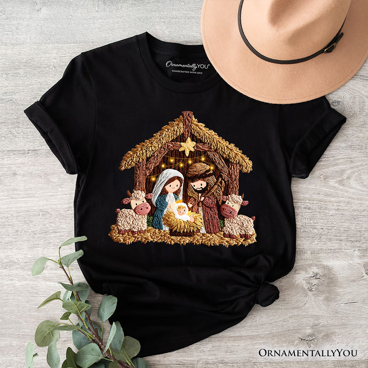 Nativity Holy Family Jesus Christmas T-Shirt, Imitation Latch Hook Yarn Cozy Christian Tee