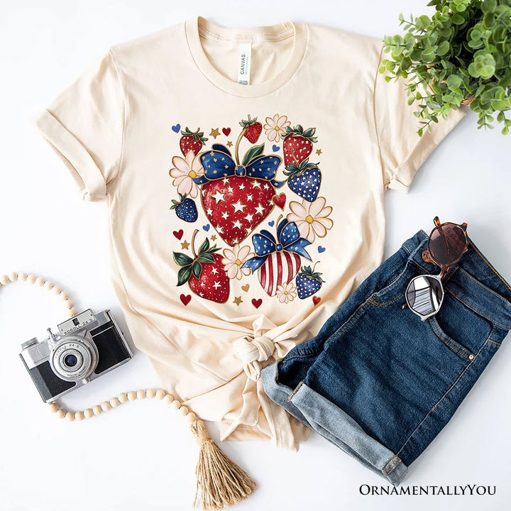 Patriotic Boho Strawberries Bouquet T-Shirt, 4th of July Festive Patch Tee T-Shirts OrnamentallyYou Natural XS