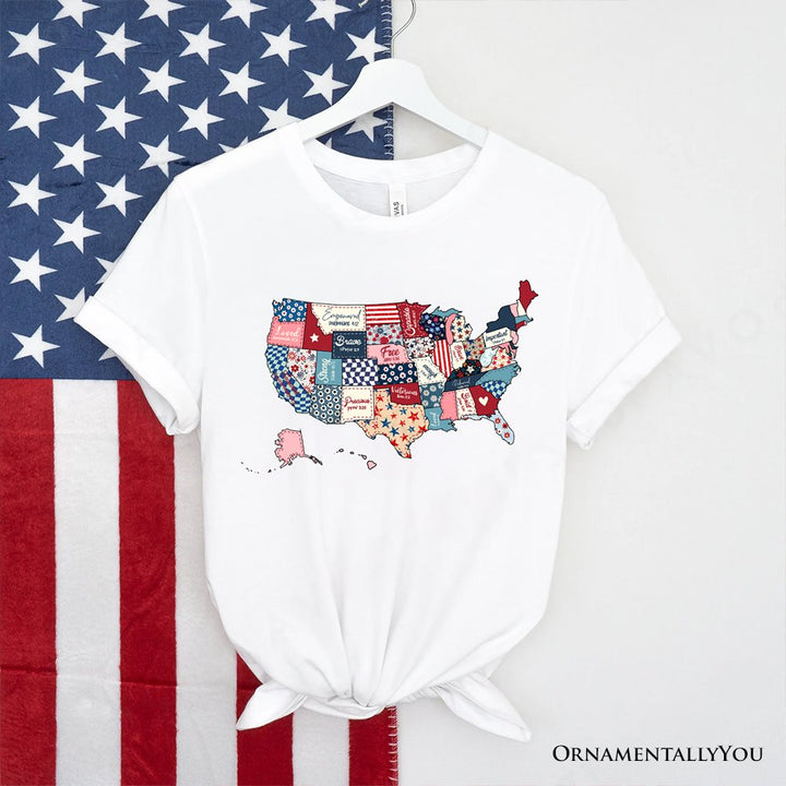 Patriotic Patchwork USA T-Shirt, Quilted Map Tee for Americana Fans T-Shirts OrnamentallyYou White XS