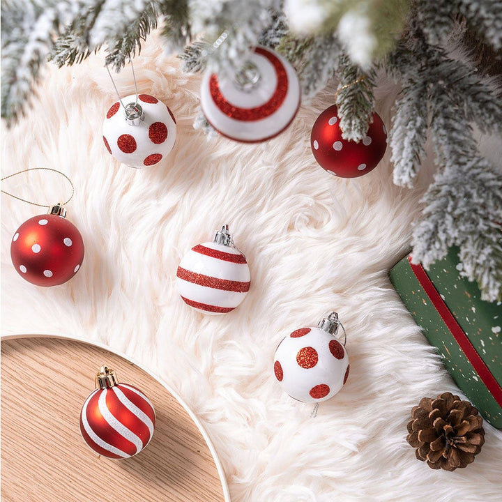 Polka Dot and Candycane Color Style Ornament Ball Bundle, Set of 24 Red and White Patterned Christmas Baubles Ornament Bundle OrnamentallyYou