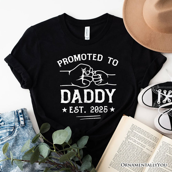 Promoted to Daddy Est. 2025 T-Shirt, Black and White New Dad Pregnancy Announcement Tee T-Shirts OrnamentallyYou Black XS