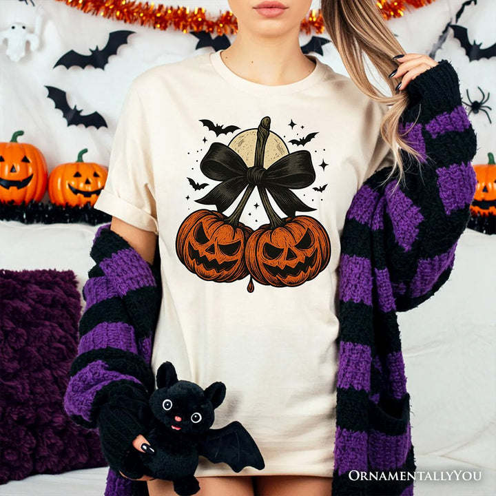 Pumpkin Cherries Coquette Bow T-Shirt, Retro Halloween Fall Season Tee for Sweet Autumn Girls T-Shirts OrnamentallyYou