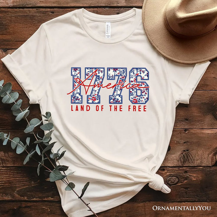 Retro America 1776 Floral T-Shirt, Land of the Free Patriotic Tee T-Shirts OrnamentallyYou Natural XS