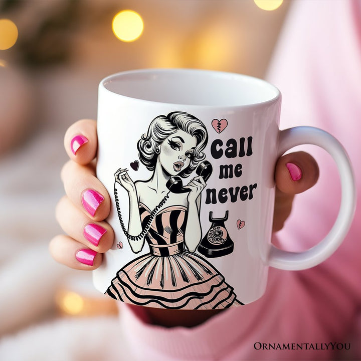 Retro Anti-Valentine Pinup Girl Personalized Mug, Call Me Never Funny Gift With Custom Name Personalized Ceramic Mug OrnamentallyYou