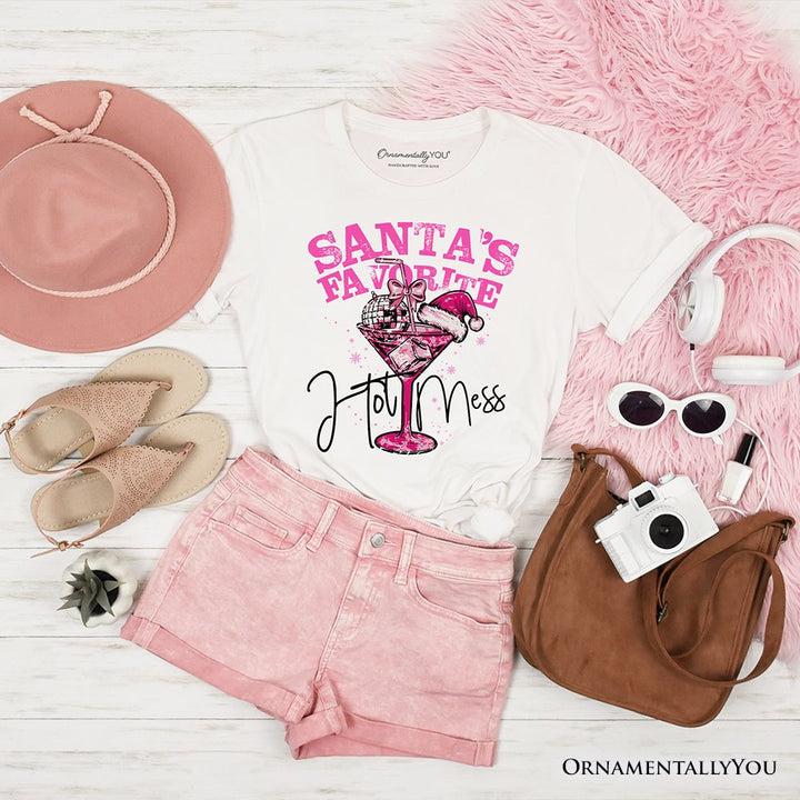 Santa’s Favorite Hot Mess T‑Shirt, Pink Martini Retro Disco Christmas Tee T-Shirts OrnamentallyYou White XS