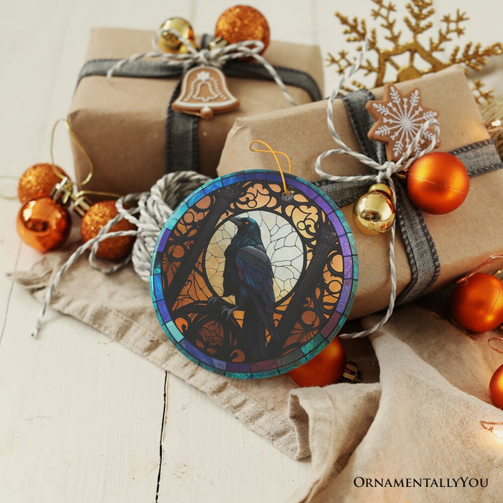 Stained Glass Creepy Dark Raven Ornament, Horror and Elegance Ceramic Ornament OrnamentallyYou