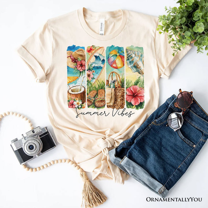 Summer Vibes T-Shirt, White and Natural Beach Tee with Coconut and Flowers T-Shirts OrnamentallyYou Natural XS