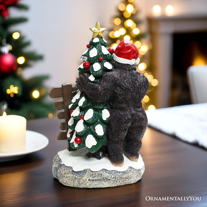 (Pre-Order) Whimsical Bigfoot Behind Christmas Tree Figurine, 7.5" Funny Holiday Yeti LED Statue, He Sees You When You're Sleeping Resin Statues OrnamentallyYou