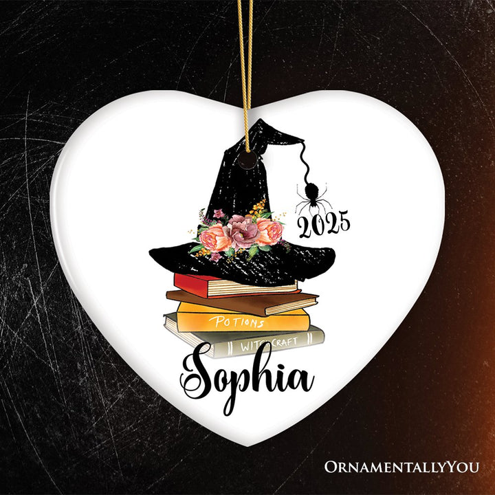 Witch Hat and Books Theme Customized Girls Ornament Ceramic Ornament OrnamentallyYou Heart