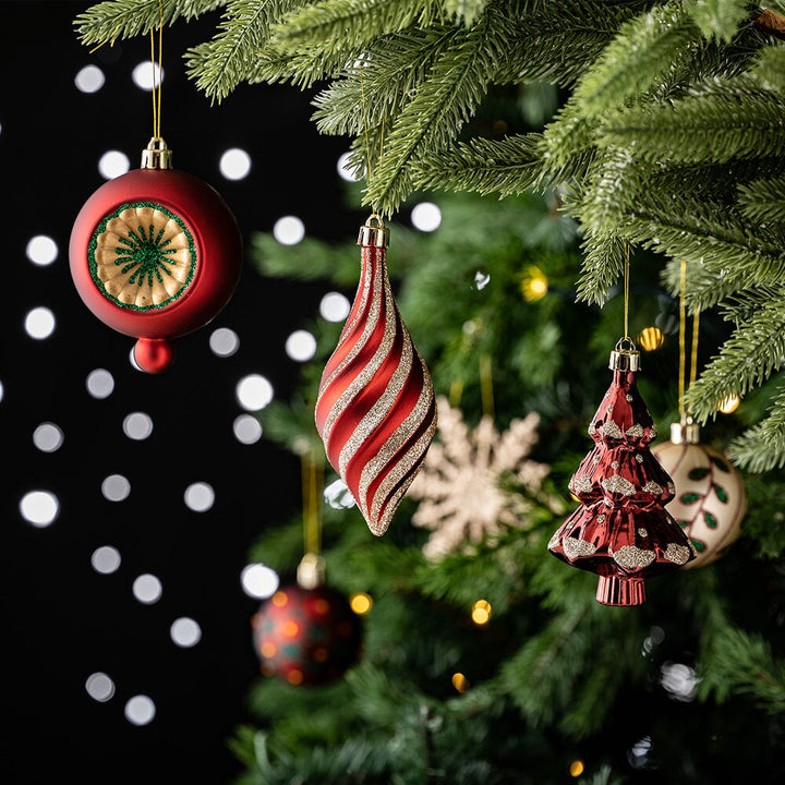Alluring Large Christmas Ornament Set, Unique Red Green and Gold Baubles, 92 Charms and Snow Covered Trees with Dark Red Tree Topper Ornament Bundle OrnamentallyYou