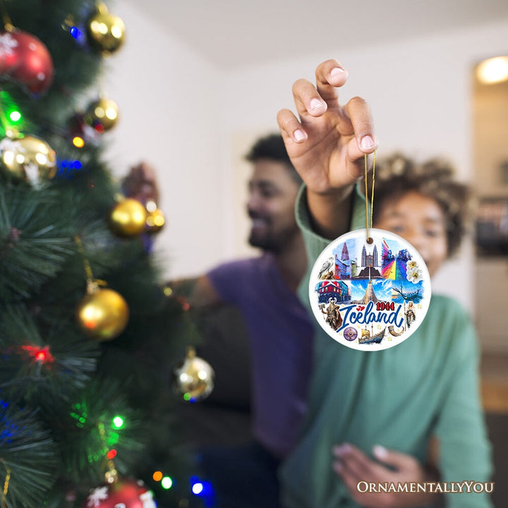 Artistically Majestic Iceland Landmarks Ornament, Cultural Norse and Viking Christmas Gift and Reykjavik Souvenir Ceramic Ornament OrnamentallyYou