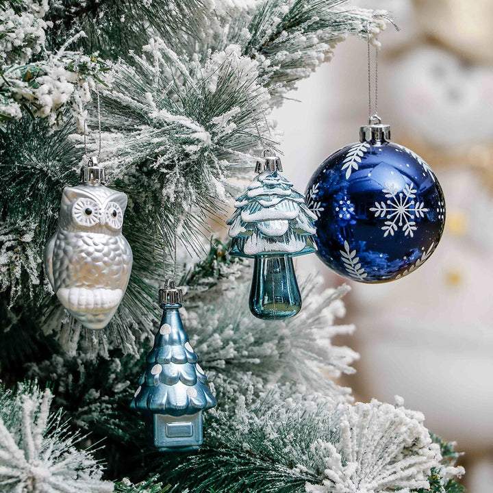 Blue and Silver Ornament Bundle Set, Owls and Glittery Winter Tree 80 Piece Set Ornament Bundle OrnamentallyYou