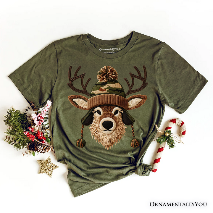 Deer Head Camo Hat Christmas T-Shirt, Imitation Latch Hook Yarn Cozy Hunting Season Tee
