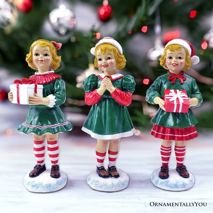 (Pre-Order) Elegant Victorian Christmas Girl Set of Three Figurines, 6" Holiday Home Decor Resin Statues OrnamentallyYou