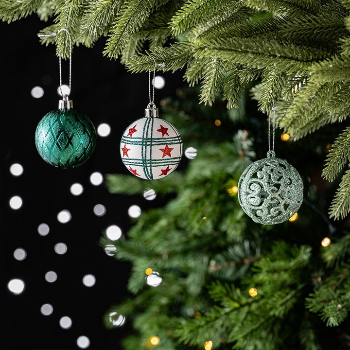 Elegantly Distinct Set of Christmas Ornaments Magenta, Green, White and Red Baubles, Icicles and Stars Ornament Bundle OrnamentallyYou