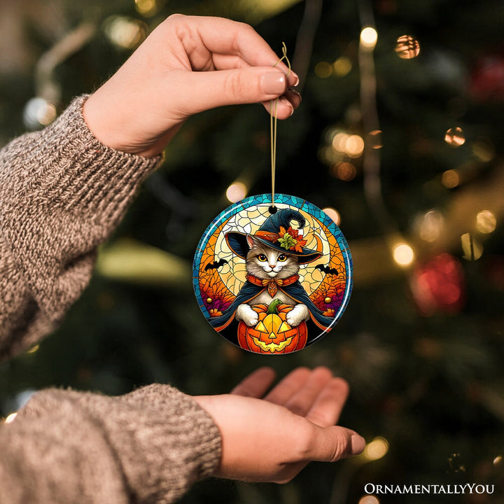 Enchanted Cat Witch Stained Glass Style Ceramic Ornament, Halloween Themed Christmas Gift and Decor Ceramic Ornament OrnamentallyYou