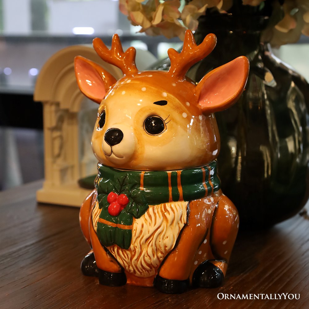 (Pre-Order) Festive Reindeer 10" Cookie Jar, Christmas Kitchen Festive Deer Decoration Cookie Jars OrnamentallyYou