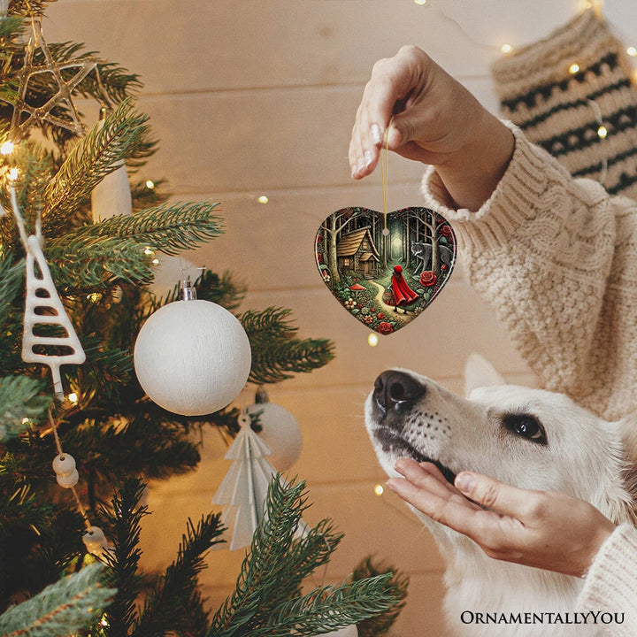 Folksy Sly Wolf and Red Riding Hood Ornament, Mystic Woodland Fantasy Holiday Decoration Ceramic Ornament OrnamentallyYou