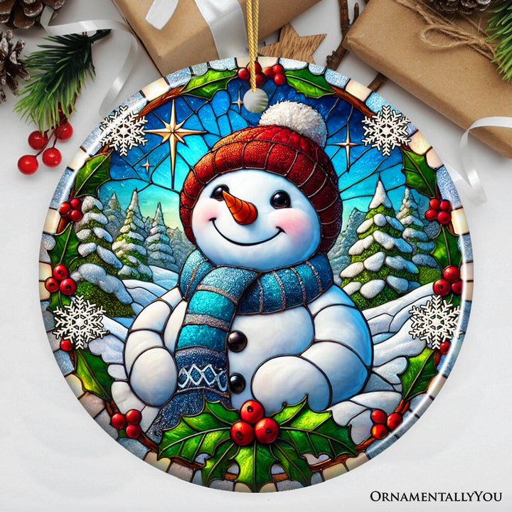 Frosty and Holly Snowman Ornament, Gift and Decor for Cheerful Winter Christmas Tree Ceramic Ornament OrnamentallyYou Circle Version 1
