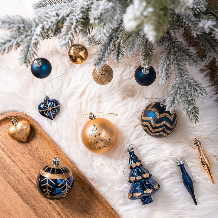 Glam and Glittered Gold and Blue Elegant Christmas Ornament Set, 70 Assorted Balls, Trees, Snowflakes, and Royal Heart Pendants Ornament Bundle OrnamentallyYou