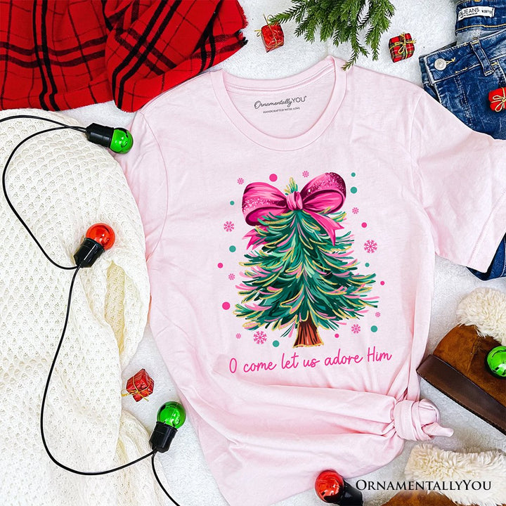 Glitter Christmas Tree Coquette Bow T‑Shirt, O Come Let Us Adore Him Holiday Tee T-Shirts OrnamentallyYou Soft Pink XS