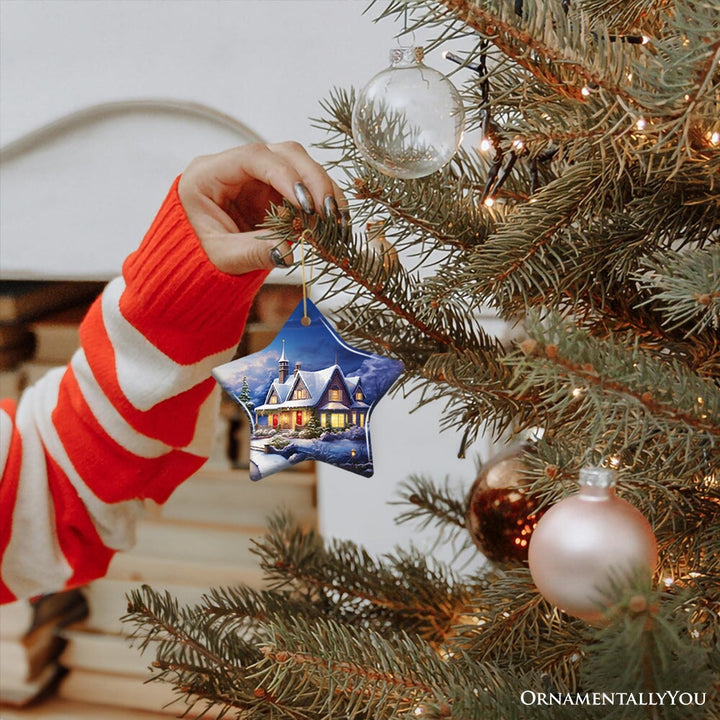 Glowing Winter Night Painting Ceramic Ornament, Warm and Inviting Christmas Tree Decor Ceramic Ornament OrnamentallyYou