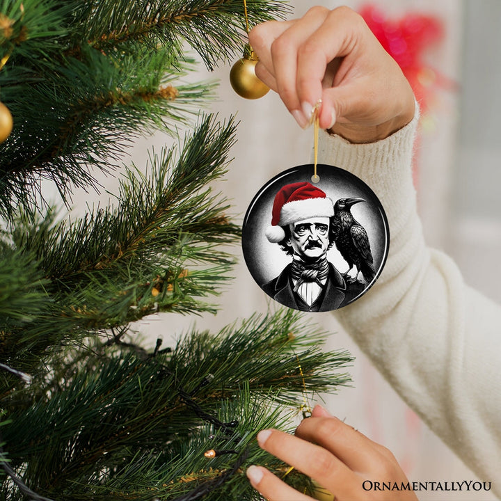 Gothic Edgar Allan Poe with Santa Hat And Raven Ornament, Spooky Halloween Tree Christmas Decor Ceramic Ornament OrnamentallyYou