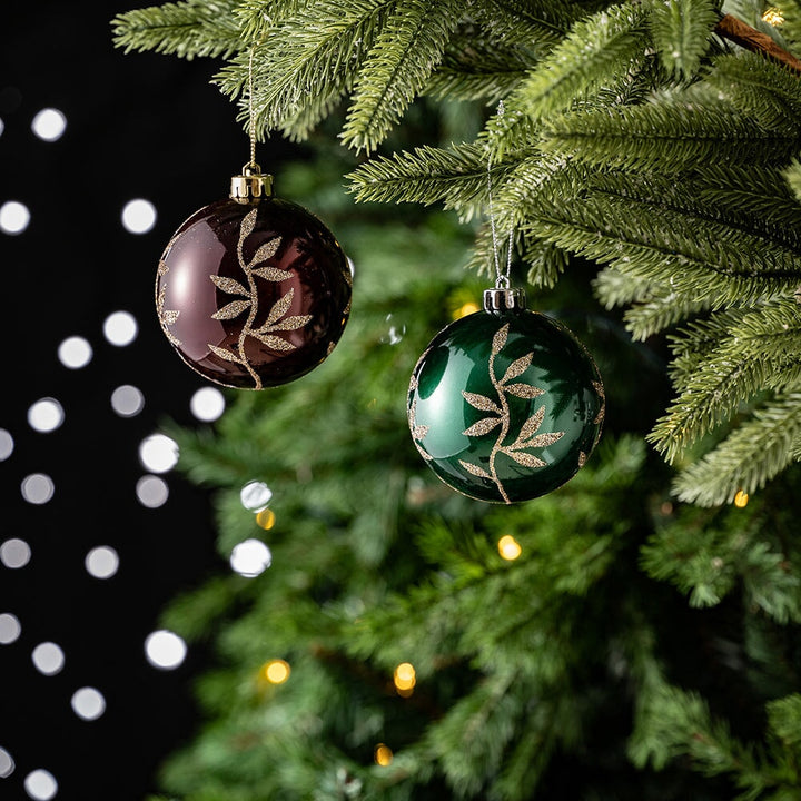 Majestic Gold Glittered Floral Bauble Christmas Ornament Set, 6 Pieces of Maroon and Green Round Tree Balls Ornament Bundle OrnamentallyYou