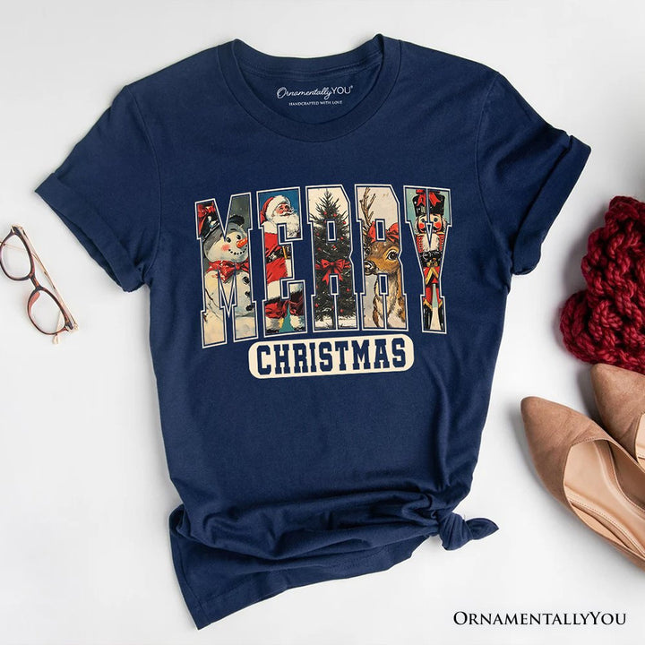 Merry Christmas Vintage T‑Shirt, Santa Tree Reindeer Snowman Nutcracker Tee T-Shirts OrnamentallyYou Navy XS