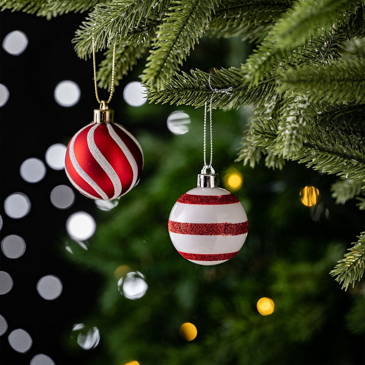Polka Dot and Candycane Color Style Ornament Ball Bundle, Set of 24 Red and White Patterned Christmas Baubles Ornament Bundle OrnamentallyYou