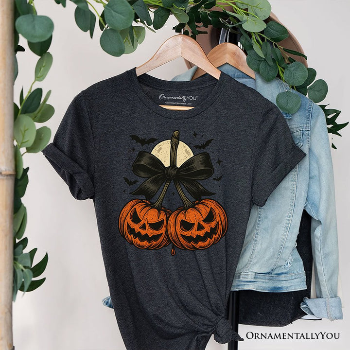 Pumpkin Cherries Coquette Bow T-Shirt, Retro Halloween Fall Season Tee for Sweet Autumn Girls T-Shirts OrnamentallyYou Gray XS