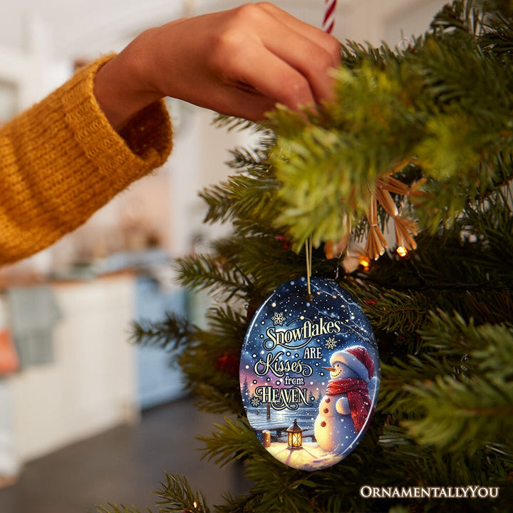 Snowflakes are Kisses from Heaven Quote Christmas Ornament, Snowman under the Twilight Sky Memorial Gift Ceramic Ornament OrnamentallyYou