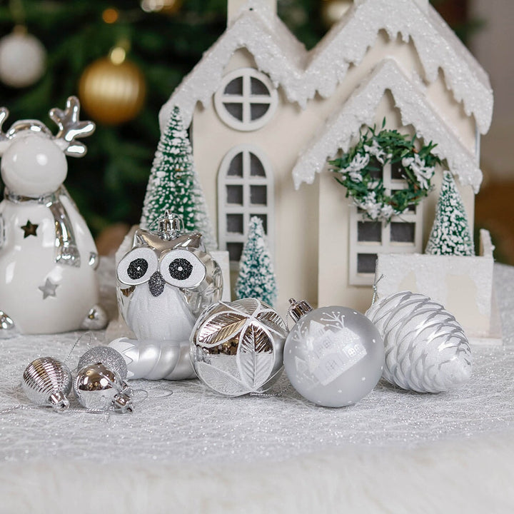 Winter Woodlands Large White and Silver Ornament Set of 90, Glittery Snow Owls, Cones, Snowflakes, and Stalactites Ornament Bundle OrnamentallyYou