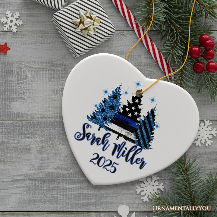 Personalized Police Officer Back The Blue Merry Christmas Trees Ornament, Retirement Gift Ceramic Ornament OrnamentallyYou
