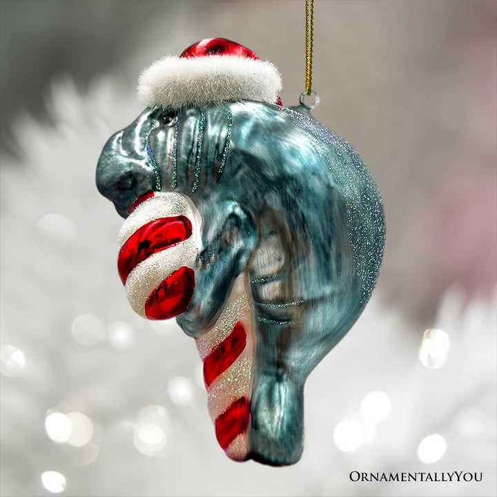 (Pre-Order) Aquatic Manatee Glass Christmas Ornament, Sea Cow Coastal Ocean Animal Holiday Decoration Glass Ornament OrnamentallyYou