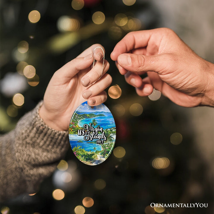 Artistic US Virgin Islands Ornament, Tropical Beach Paradise in Atlantic Ocean Christmas Souvenir Ceramic Ornament OrnamentallyYou