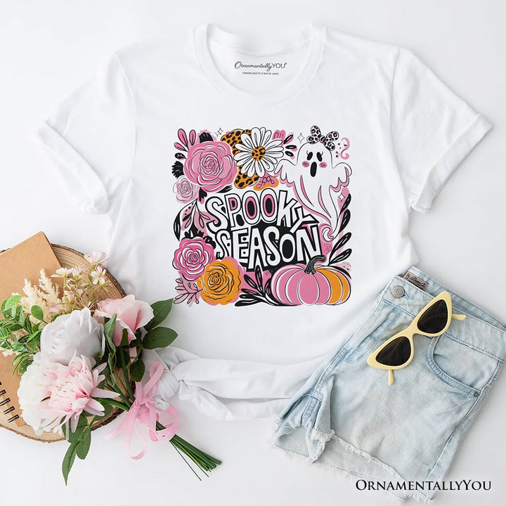 Boho Spooky Season Ghost T-Shirt, Cute Halloween Tee with Fall Pumpkins T-Shirts OrnamentallyYou White XS