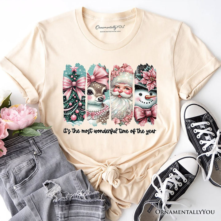 Coquette Pink Christmas T‑Shirt, It's The Most Wonderful Time Of The Year Vintage Tree, Reindeer, Santa and Snowman Tee T-Shirts OrnamentallyYou Natural XS